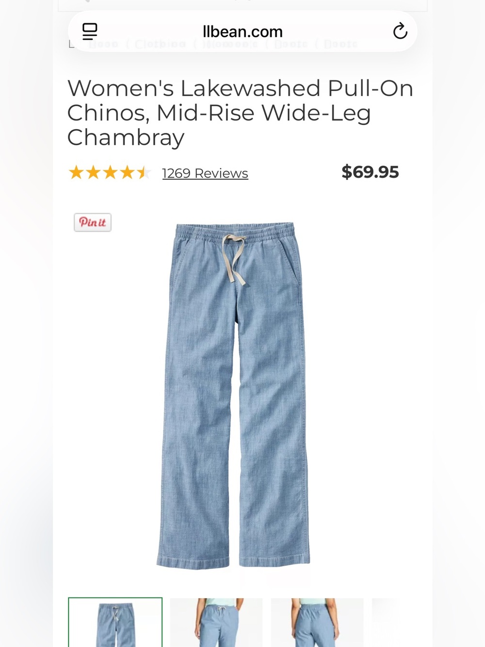 L.L. Bean Women's Lakewashed Pull-On Chinos, Mid-Rise Wide-Leg Chambray Size 22W